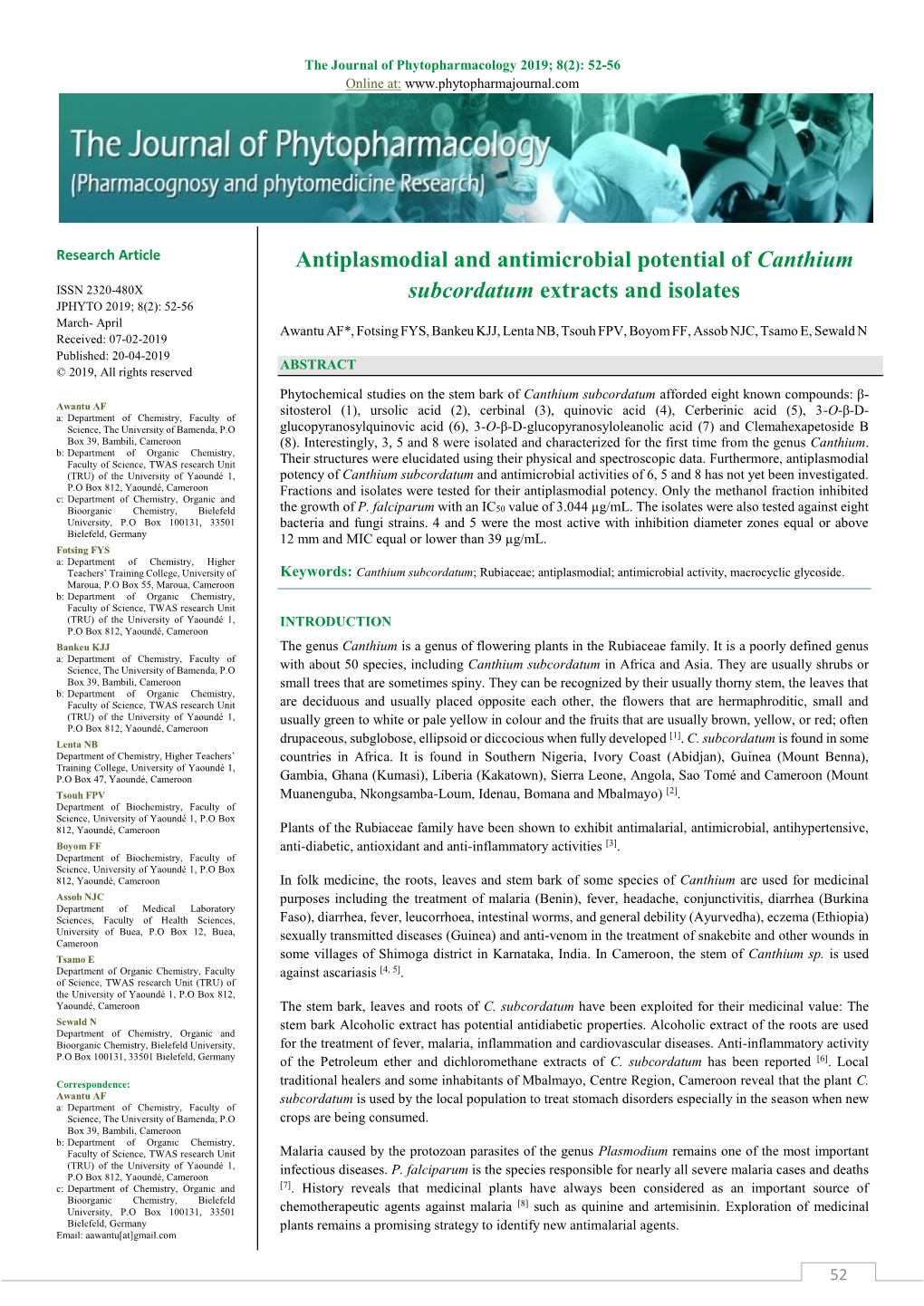 Antiplasmodial and Antimicrobial Potential of Canthium Subcordatum 2015; 4(11):1464-1482
