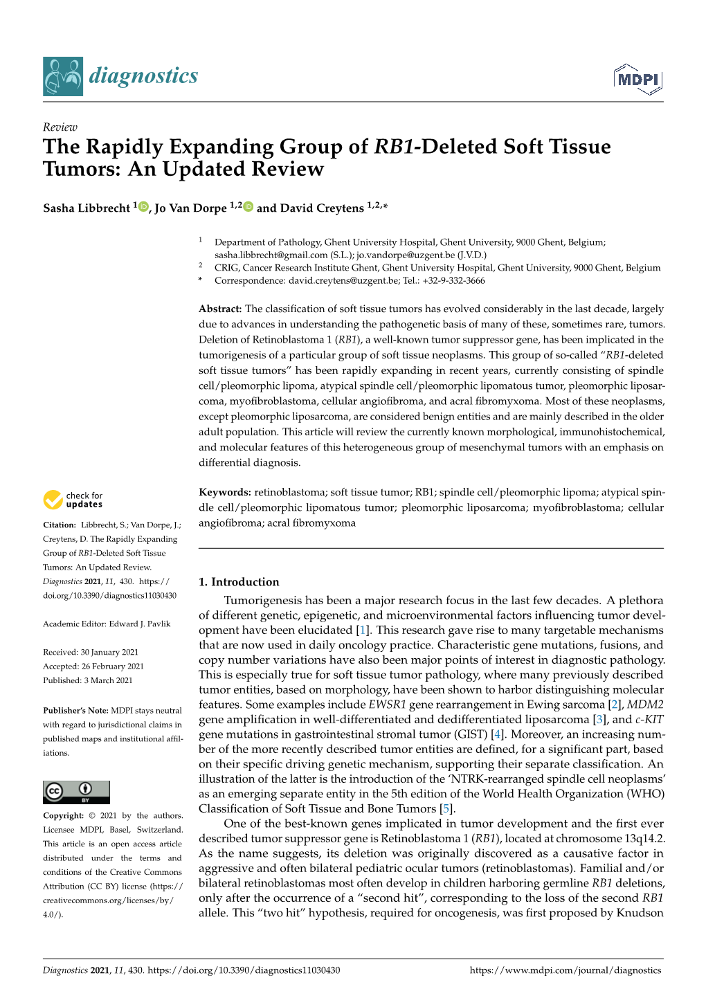 The Rapidly Expanding Group of RB1-Deleted Soft Tissue Tumors: an Updated Review