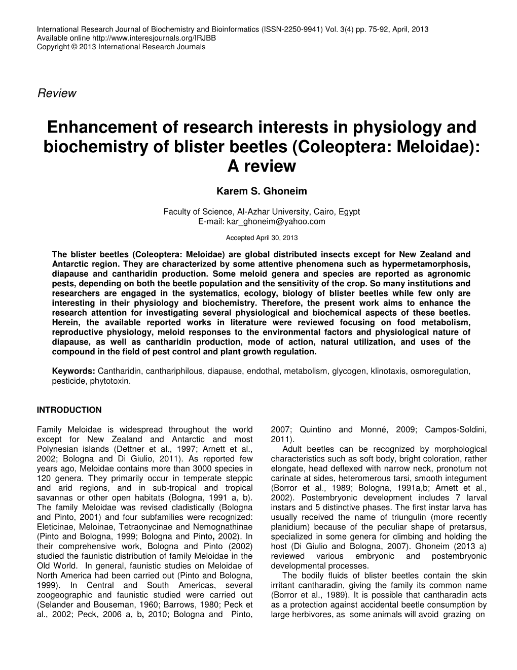 Enhancement of Research Interests in Physiology and Biochemistry of Blister Beetles (Coleoptera: Meloidae): a Review