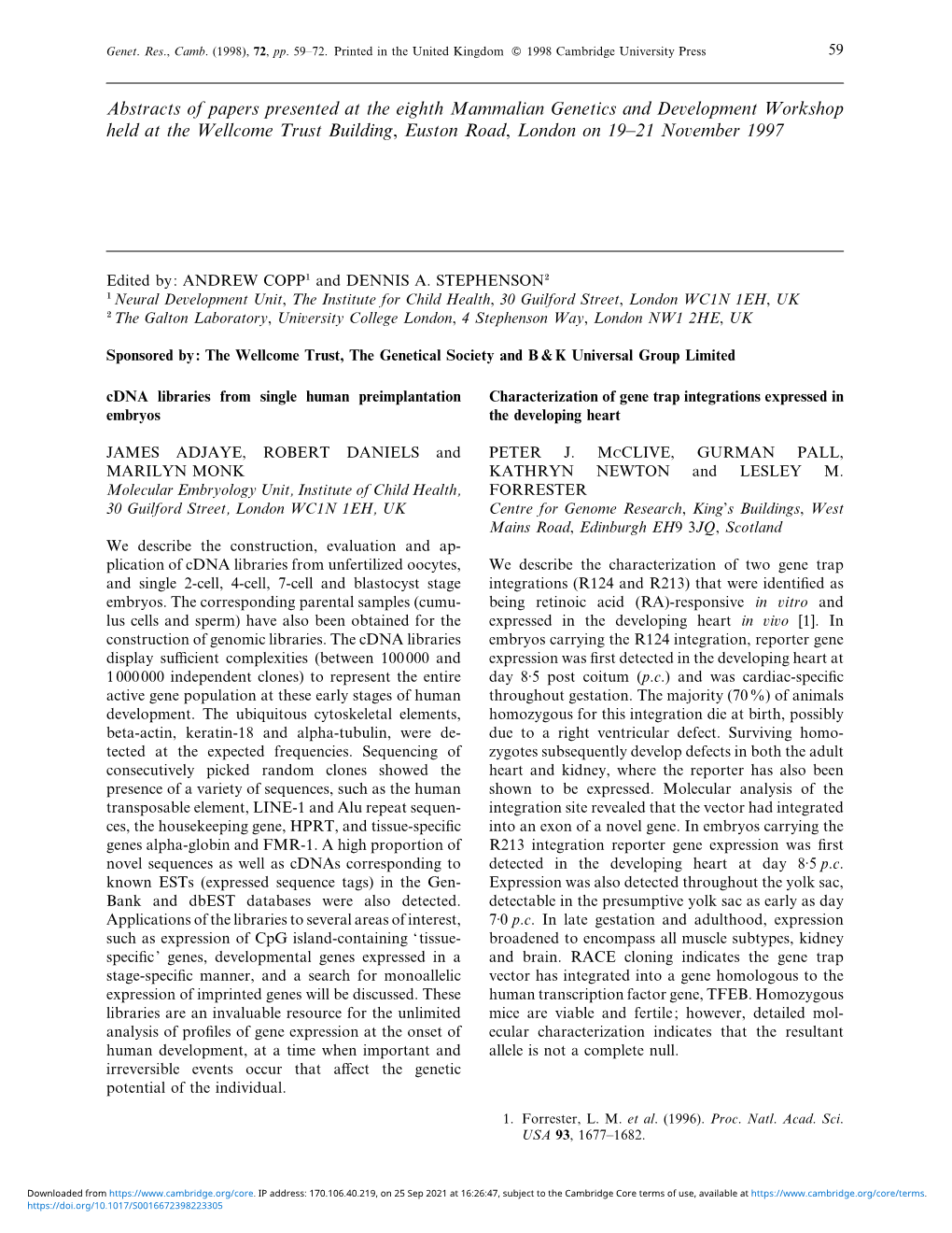 Abstracts of Papers Presented at the Eighth Mammalian Genetics And