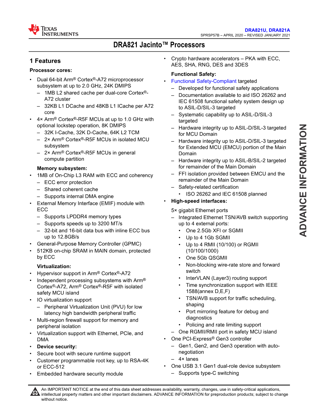 DRA821 Jacinto™ Processors Datasheet