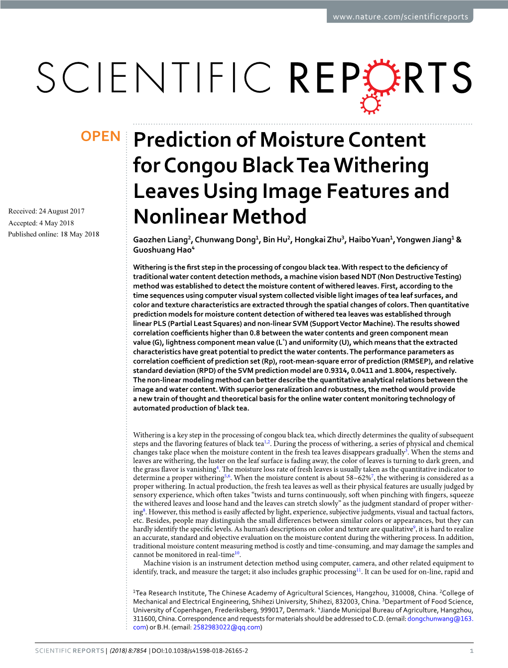 Prediction of Moisture Content for Congou Black Tea Withering