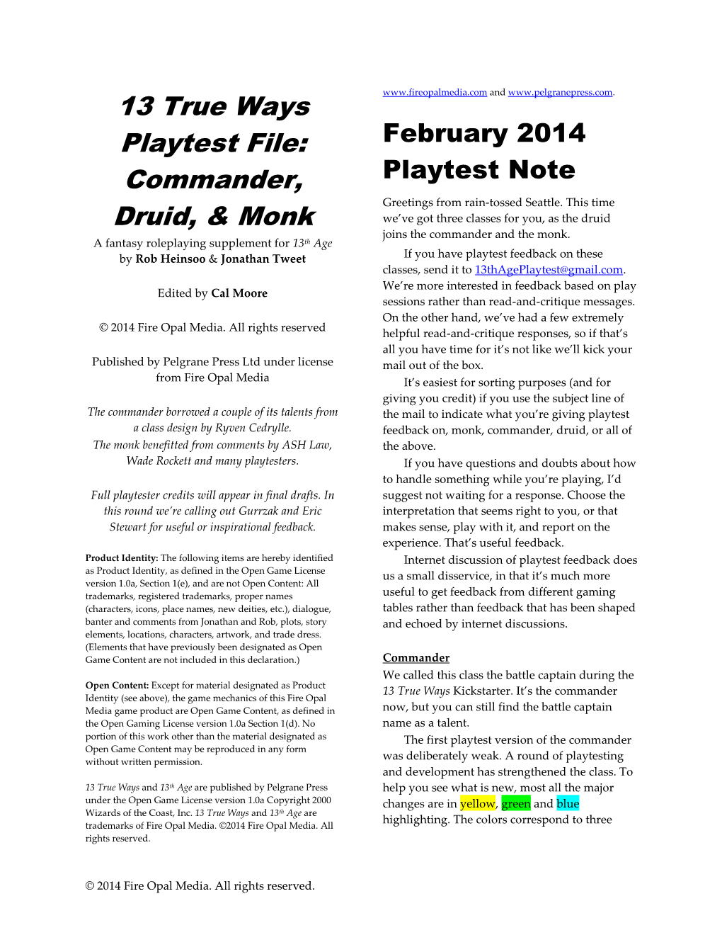 13 True Ways Playtest File: Commander, Druid, & Monk