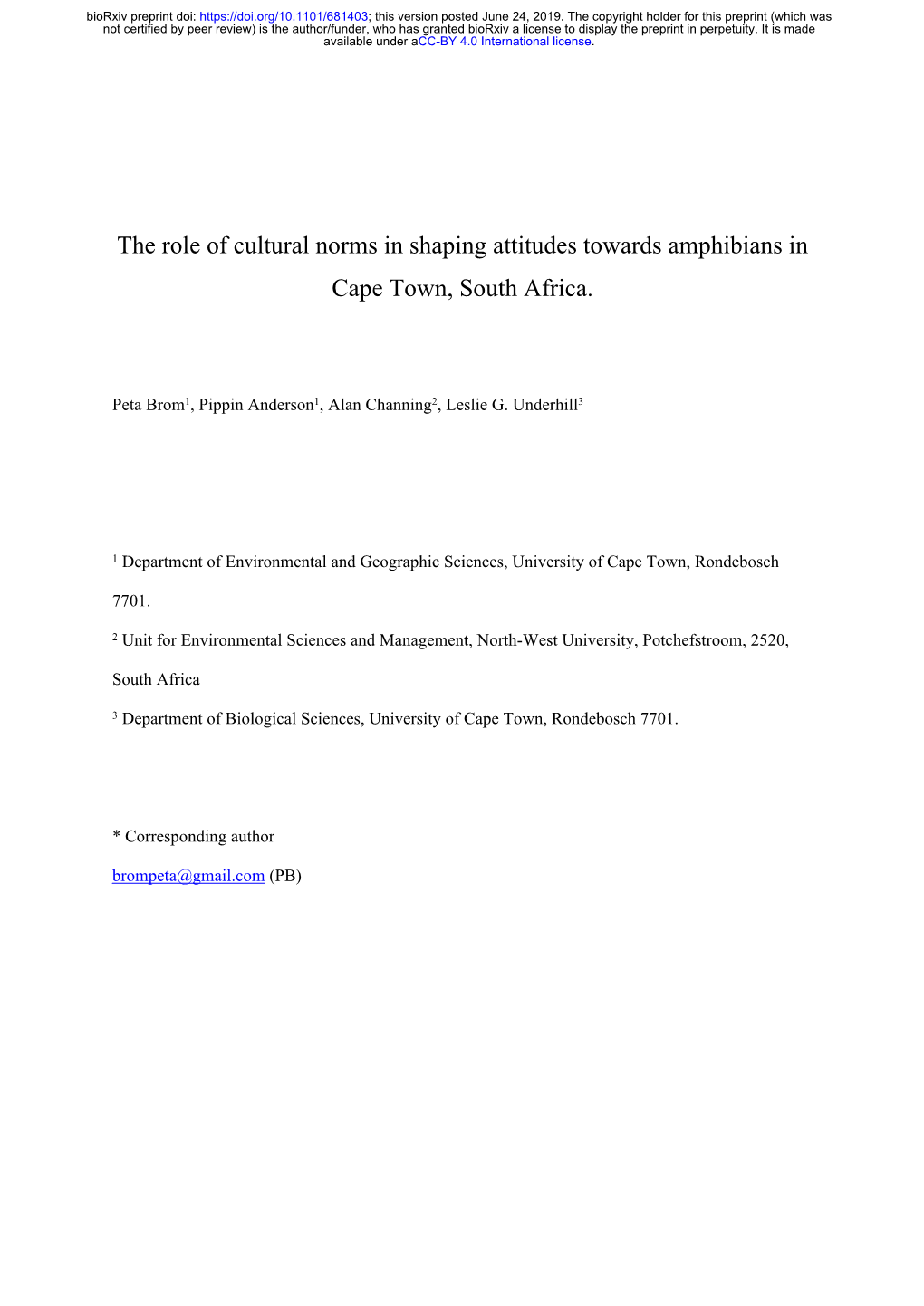 The Role of Cultural Norms in Shaping Attitudes Towards Amphibians in Cape Town, South Africa