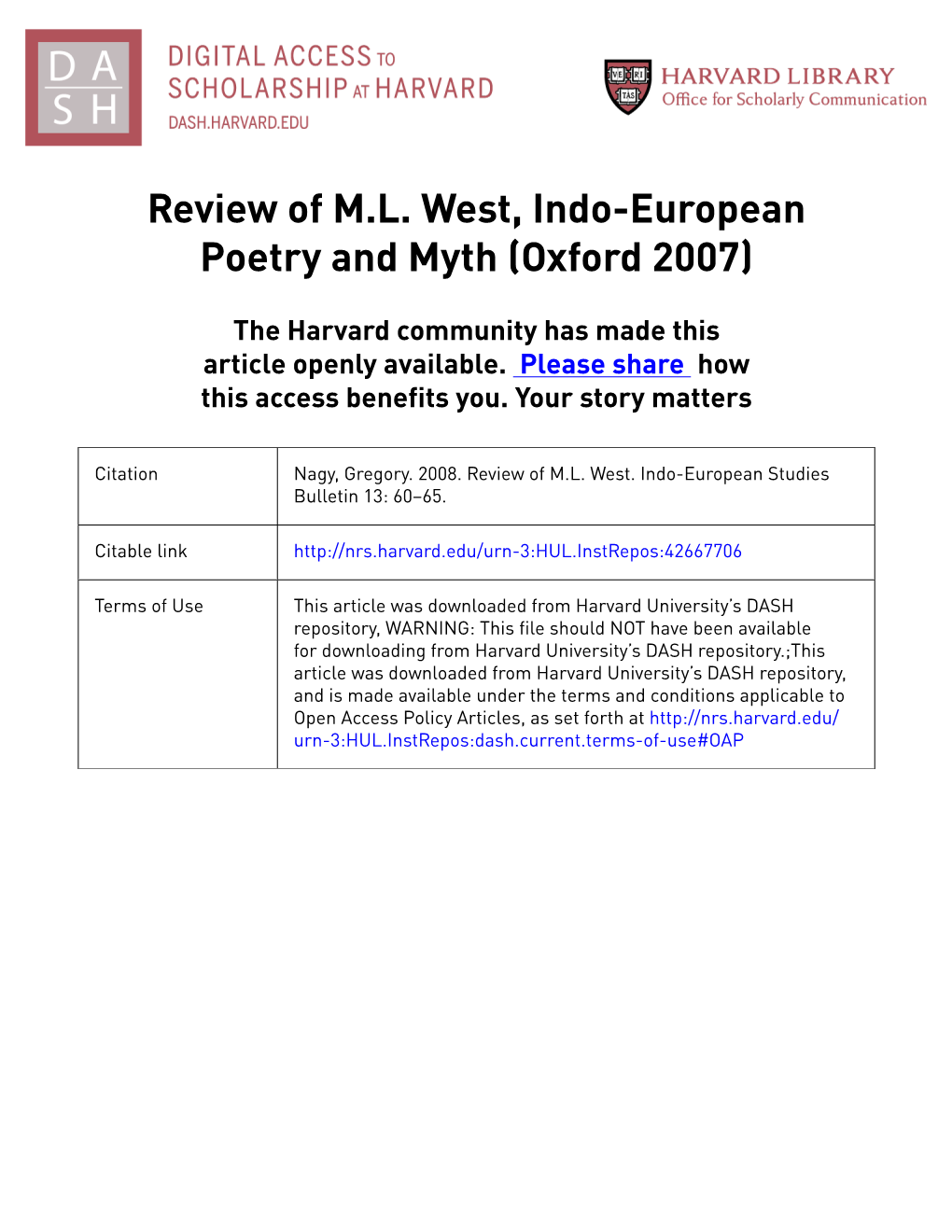 Review of ML West, Indo-European Poetry and Myth