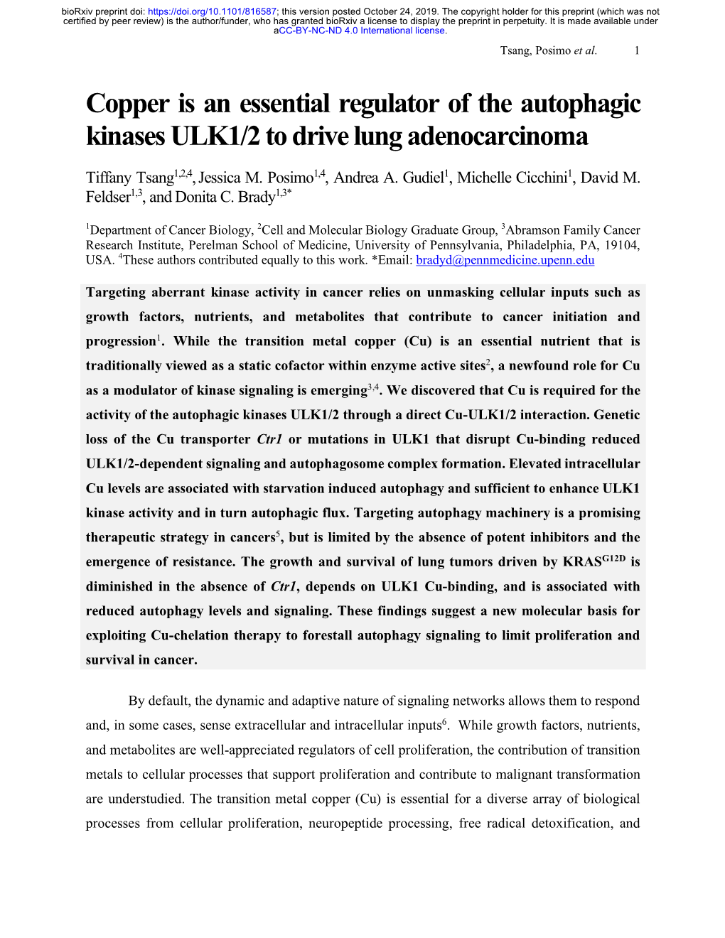 Copper Is an Essential Regulator of the Autophagic Kinases ULK1/2 to Drive Lung Adenocarcinoma