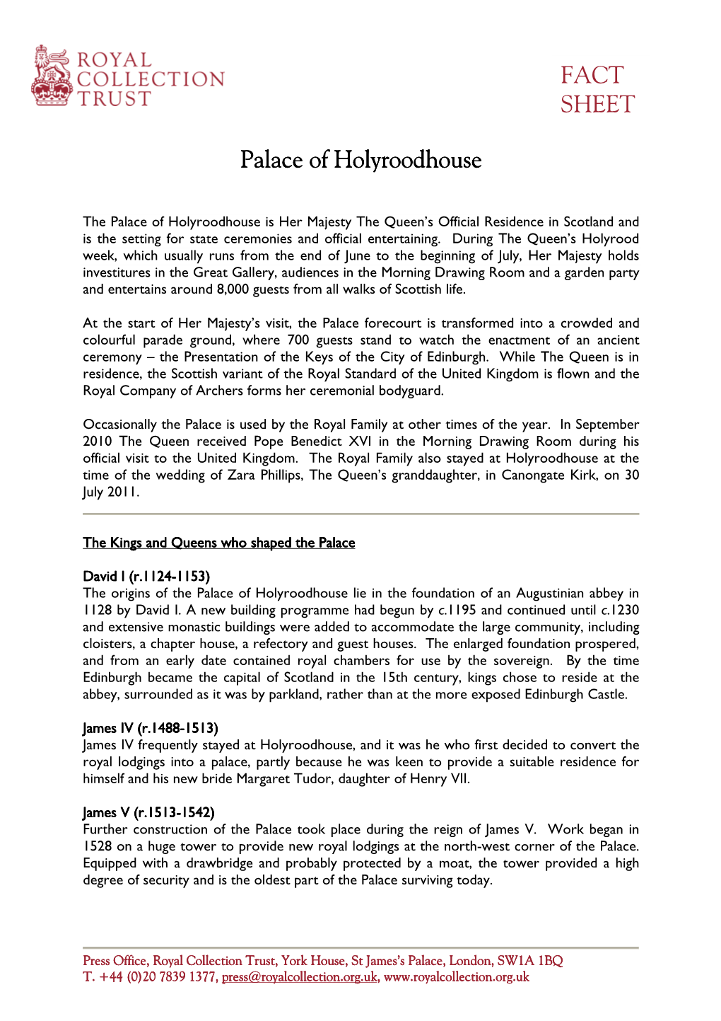 FACT SHEET Palace of Holyroodhouse Palace Of