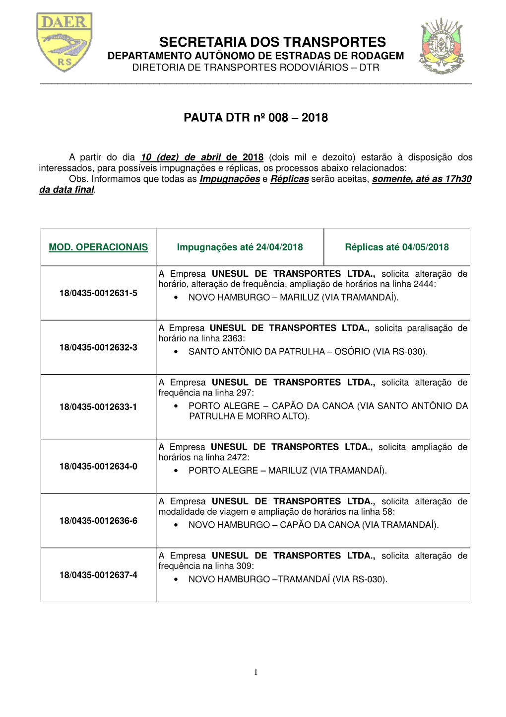 Secretaria Dos Transportes Departamento Autônomo De Estradas De Rodagem Diretoria De Transportes Rodoviários – Dtr ______