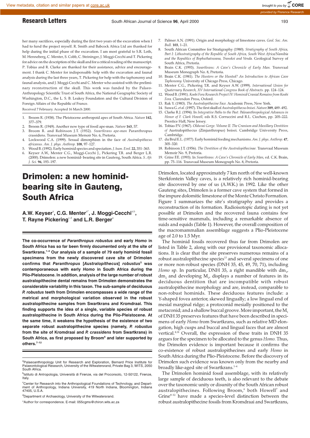 Drimolen: a New Hominid- Bearing Site in Gauteng, South Africa