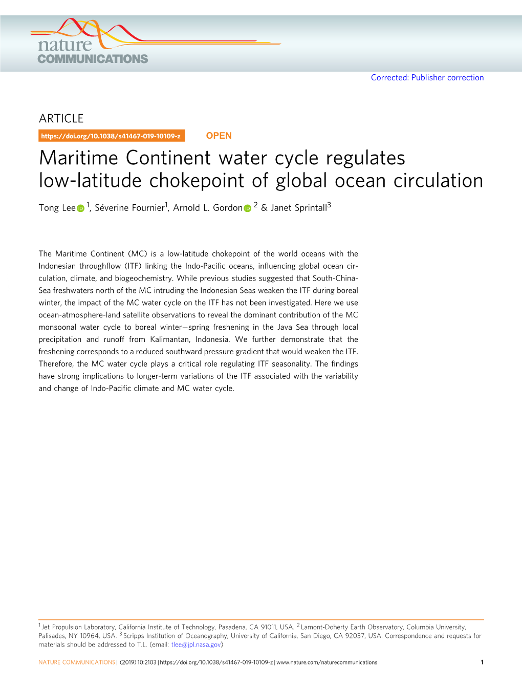 Maritime Continent Water Cycle Regulates Low-Latitude Chokepoint of Global Ocean Circulation