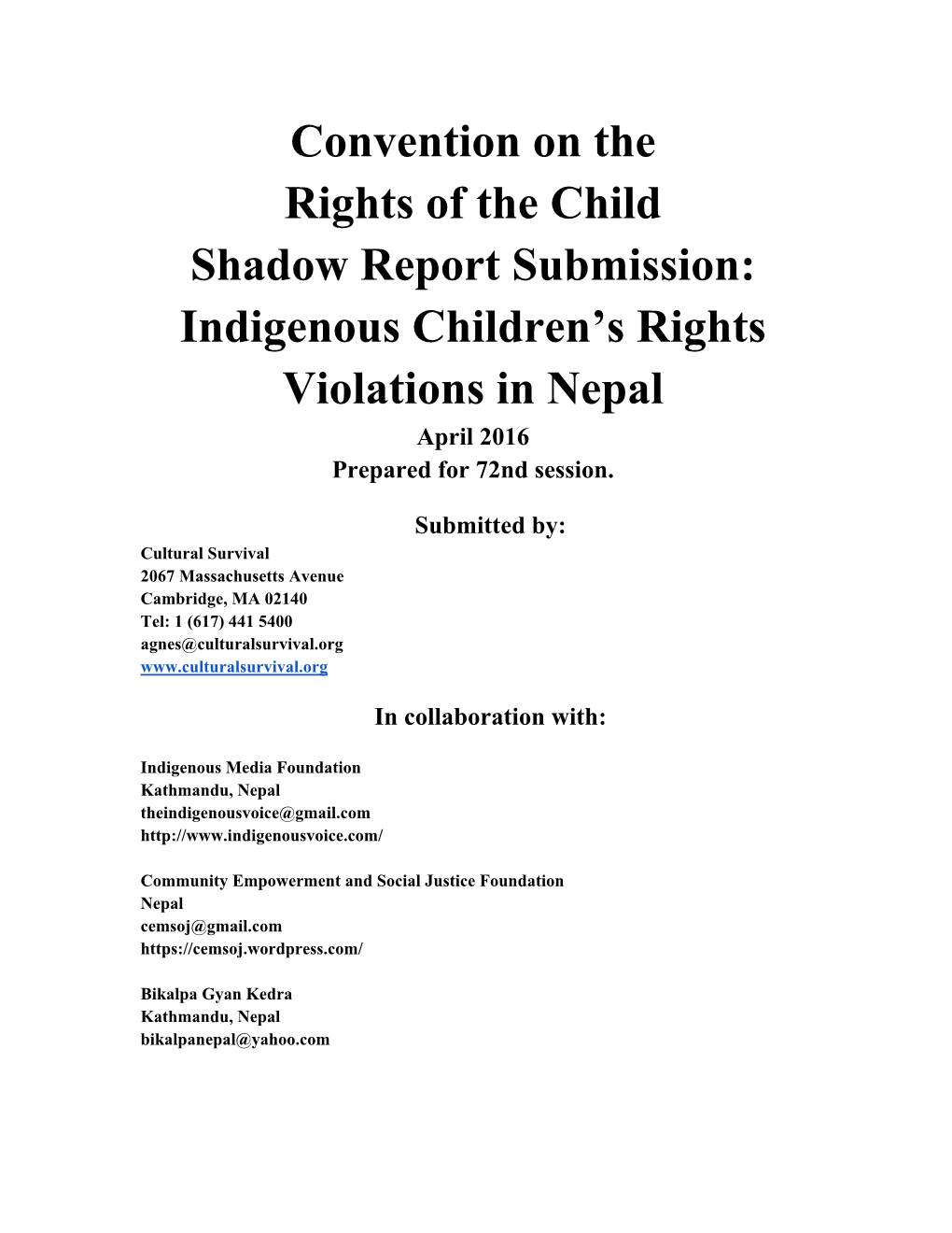 Convention on the Rights of the Child Shadow Report Submission