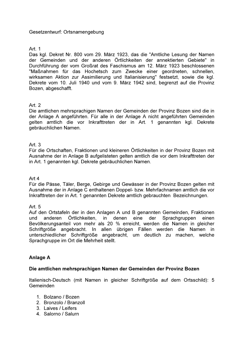 Amtliche Lesung Der Namen Der Gemeinden Und Der Anderen Örtlichkeiten Der Annektierten Gebiete" in Durchführung Der Vom Großrat Des Faschismus Am 12