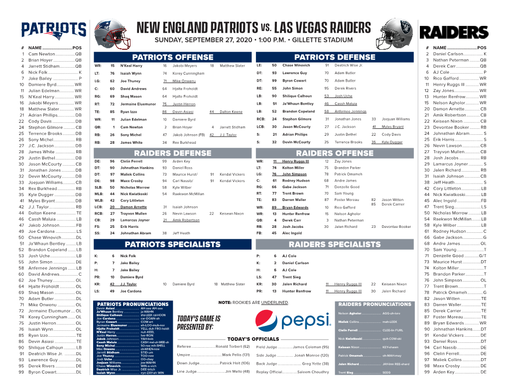 New England Patriots Vs. Las Vegas Raiders SUNDAY, SEPTEMBER 27, 2020 • 1:00 P.M