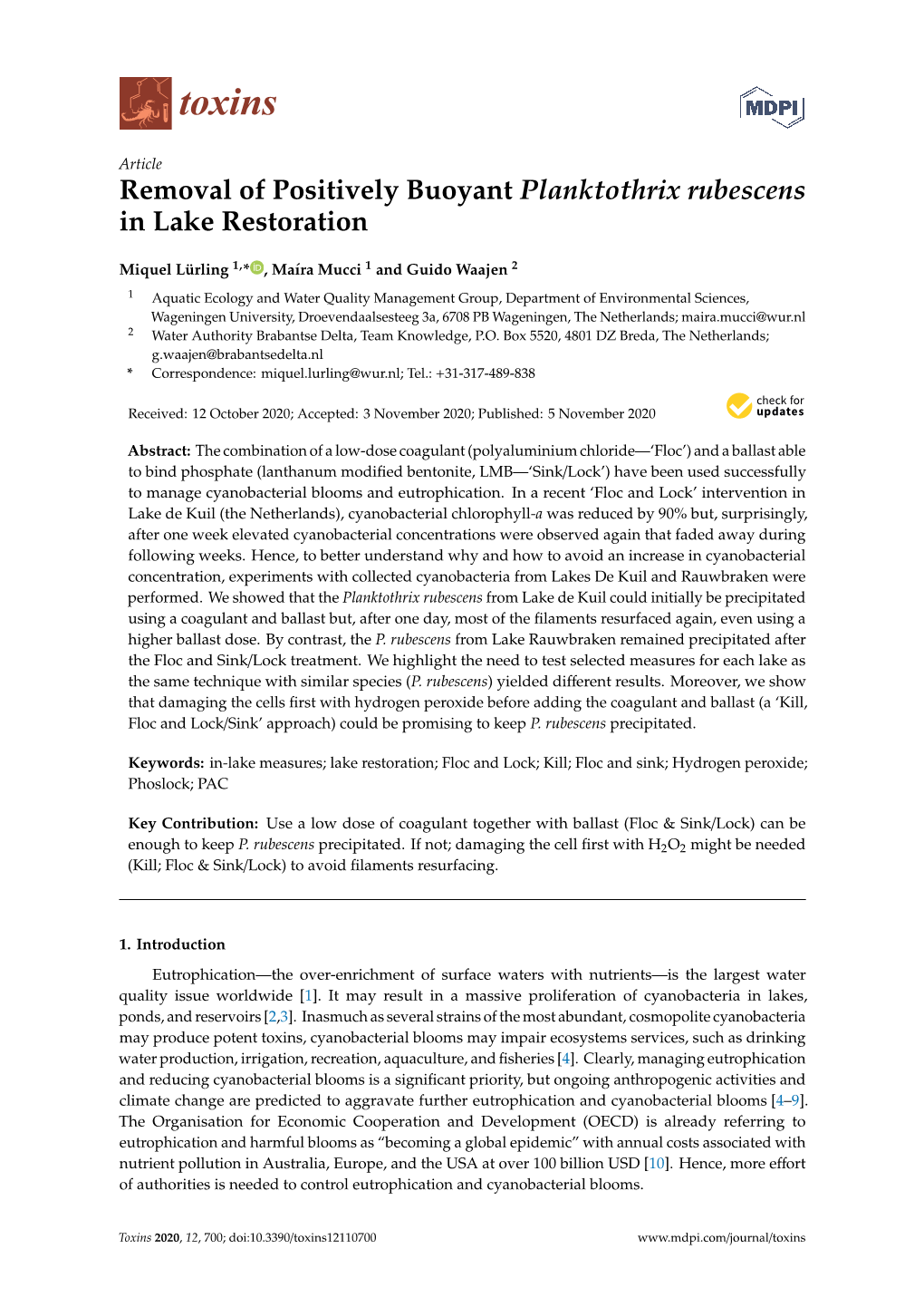 Removal of Positively Buoyant Planktothrix Rubescens in Lake Restoration