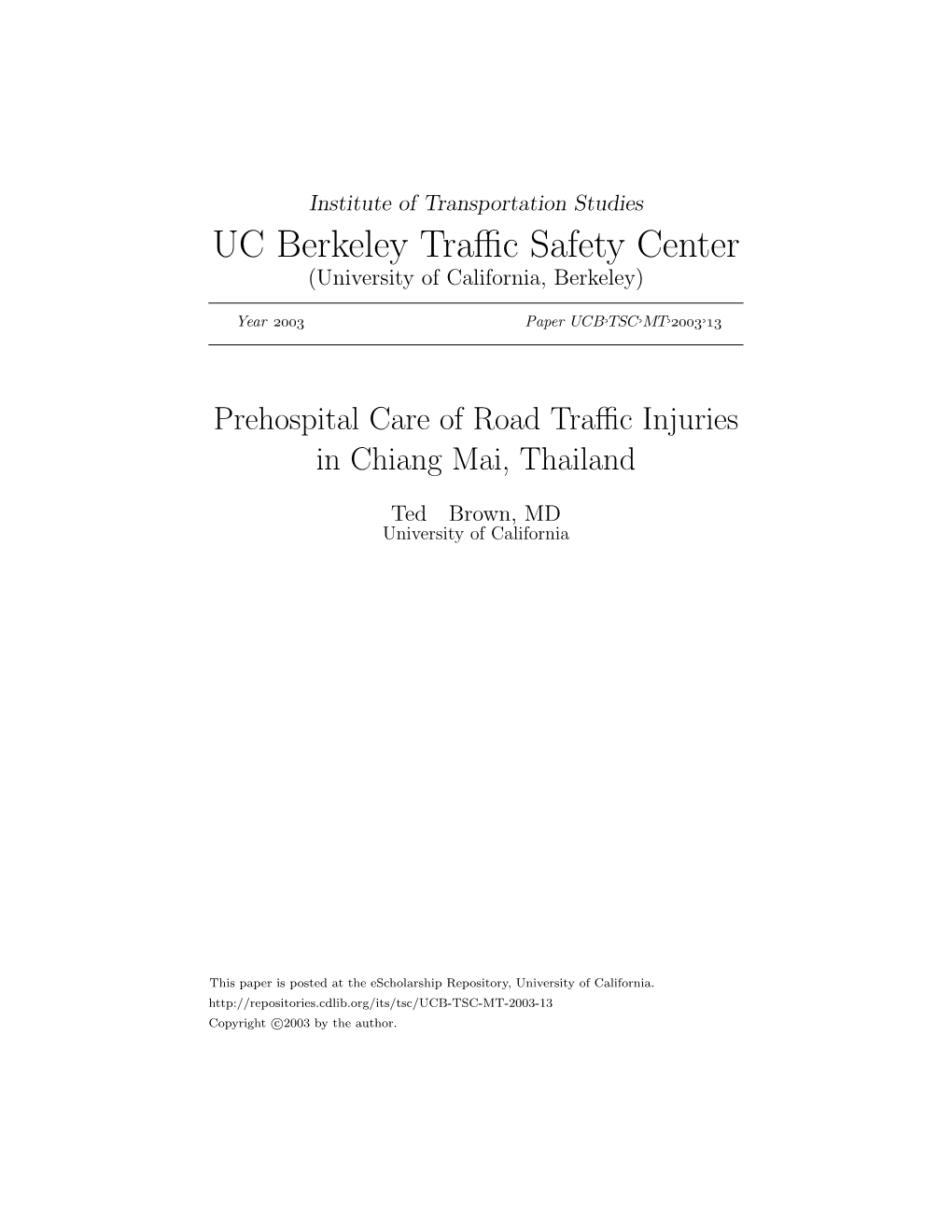 Prehospital Care of Road Traffic Injuries in Chiang Mai, Thailand