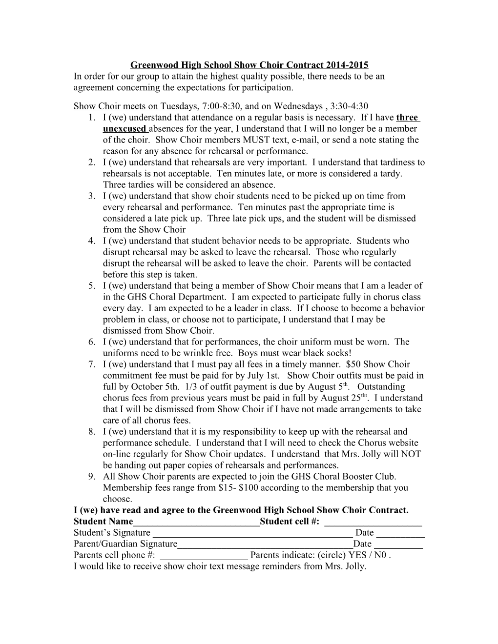 Greenwood High School Show Choir Contract