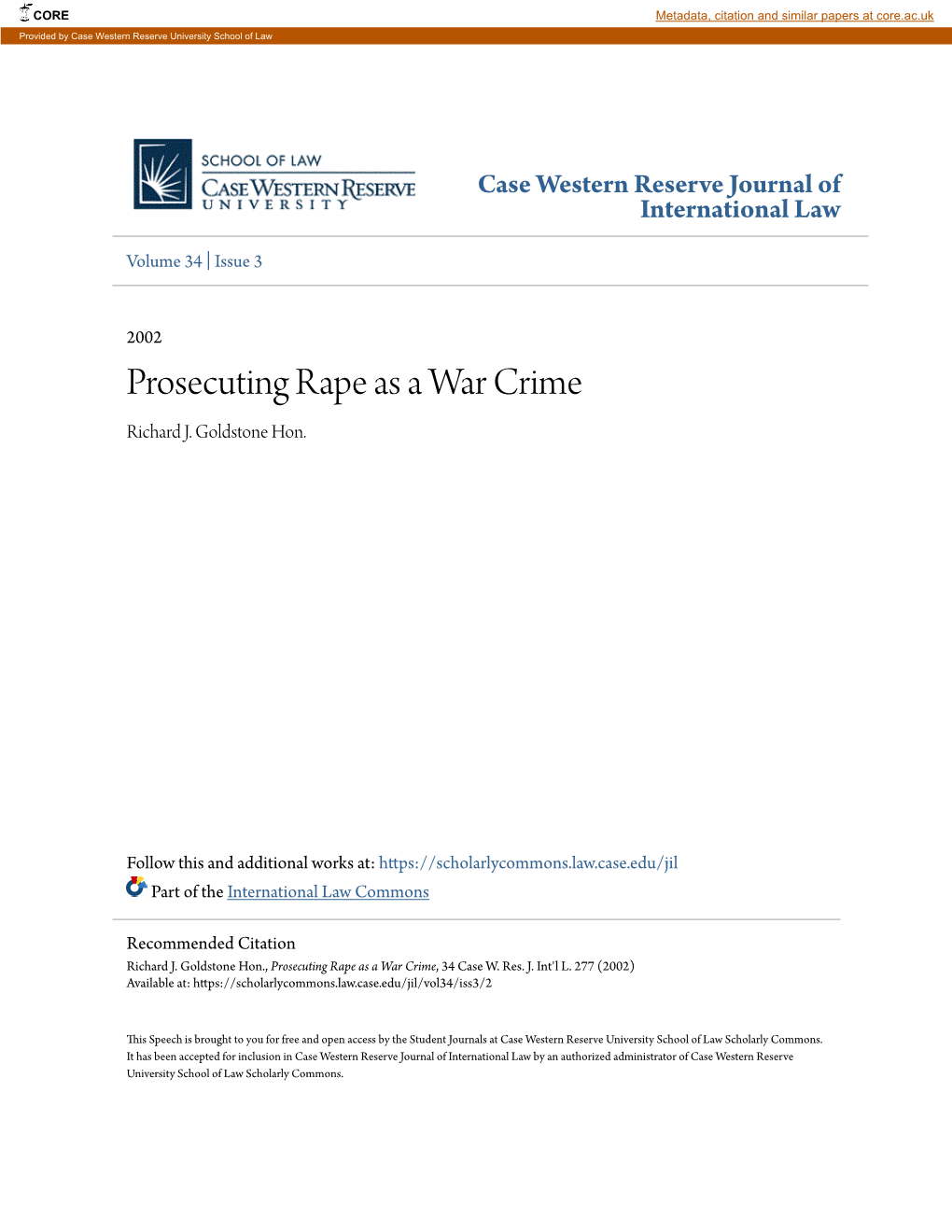 Prosecuting Rape As a War Crime Richard J