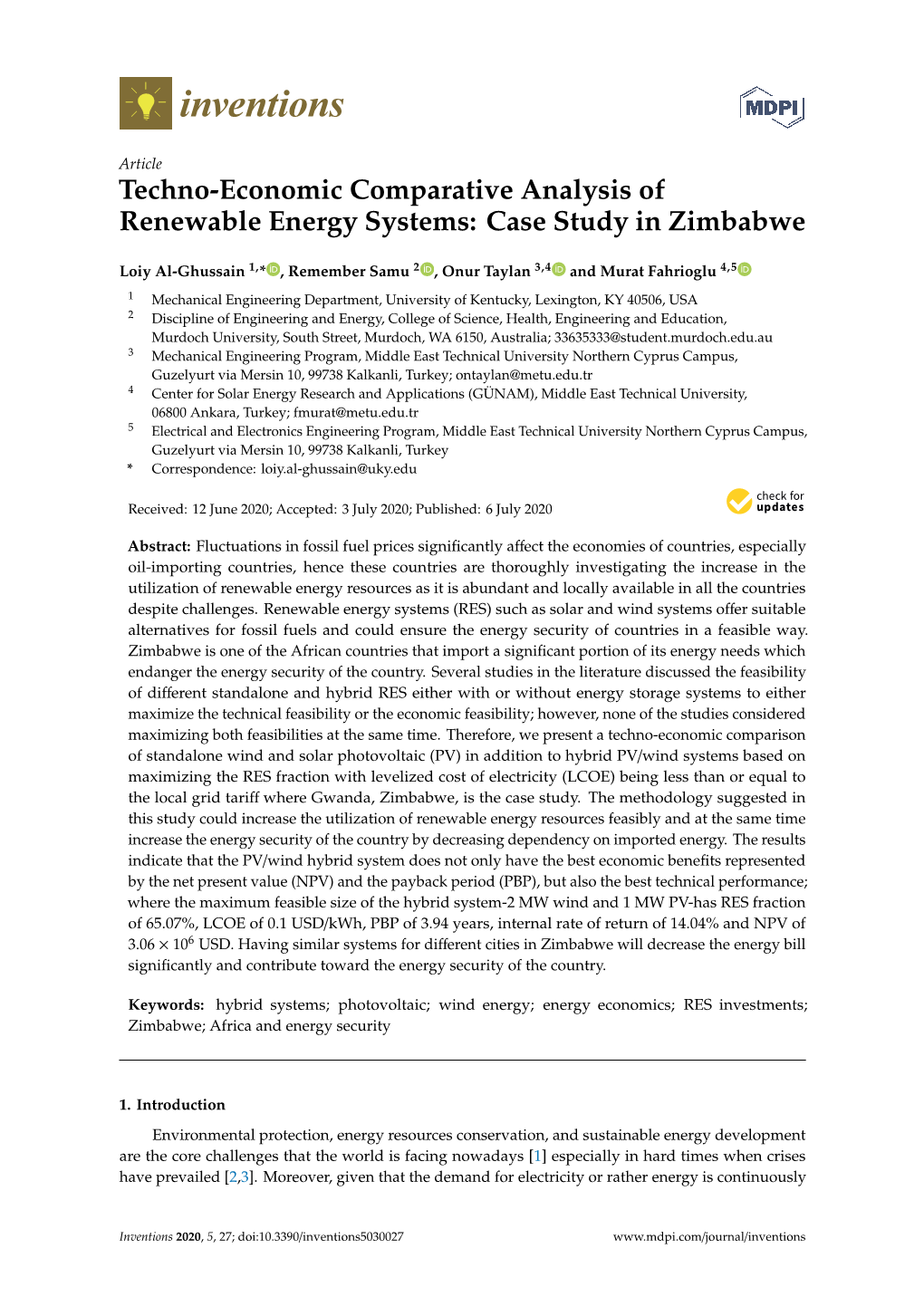 Techno-Economic Comparative Analysis of Renewable Energy Systems: Case Study in Zimbabwe