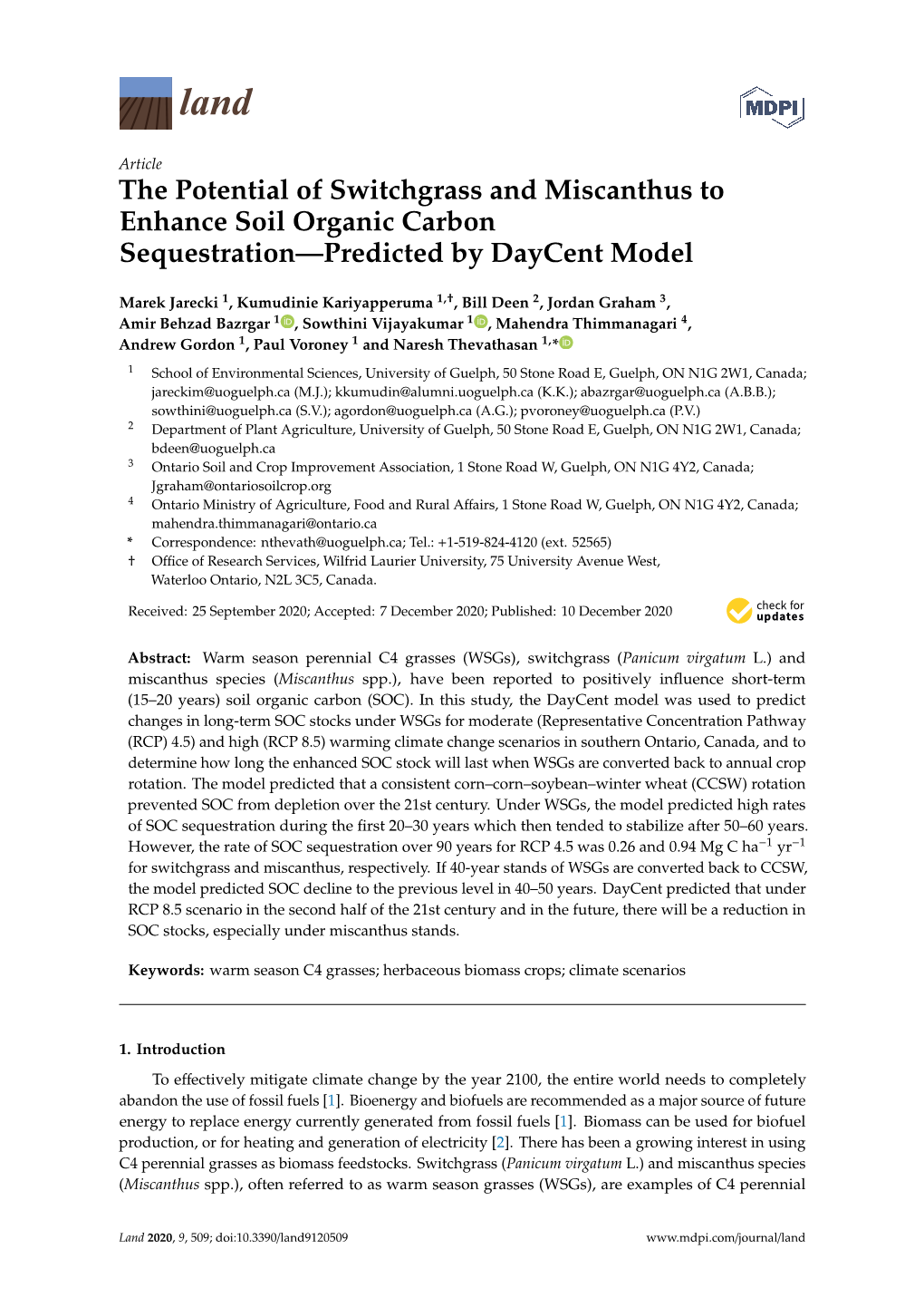 The Potential of Switchgrass and Miscanthus to Enhance Soil Organic Carbon Sequestration—Predicted by Daycent Model