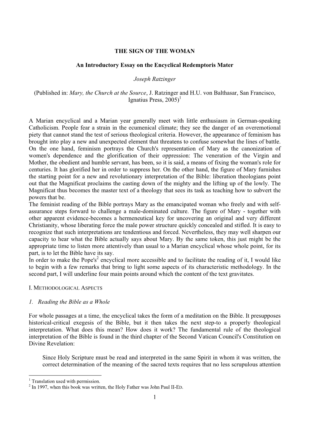 1 the SIGN of the WOMAN an Introductory Essay on the Encyclical Redemptoris Mater Joseph Ratzinger (Published In: Mary, the Chur