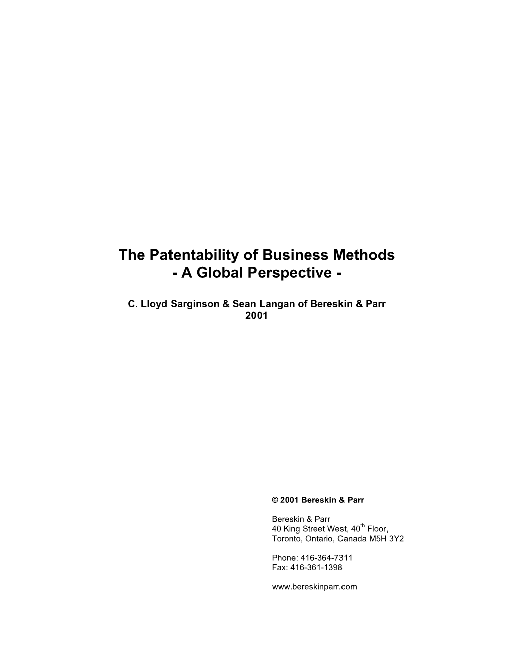 The Patentability of Business Methods - a Global Perspective