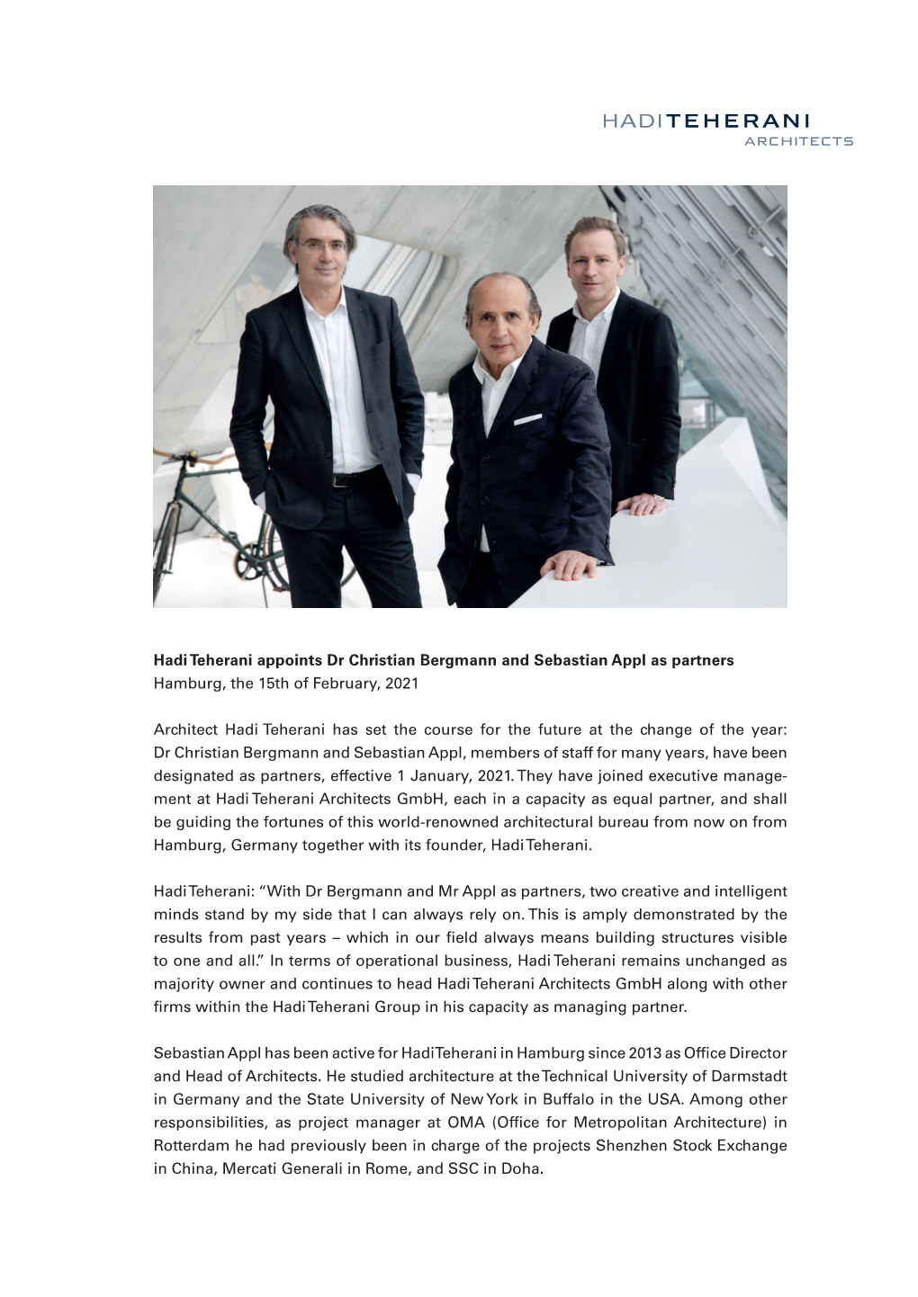 Hadi Teherani Appoints Dr Christian Bergmann and Sebastian Appl As Partners Hamburg, the 15Th of February, 2021