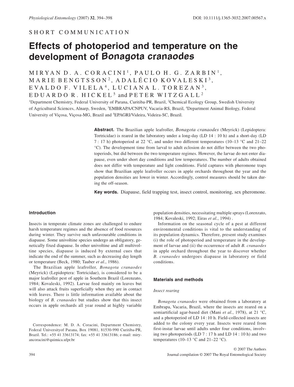 Effects of Photoperiod and Temperature on the Development of B Onagota Cranaodes