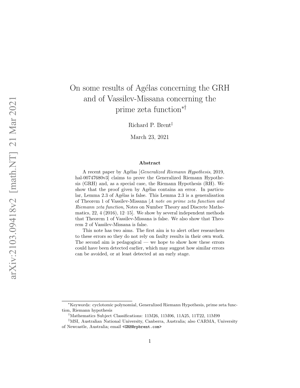 Arxiv:2103.09418V2 [Math.NT] 21 Mar 2021