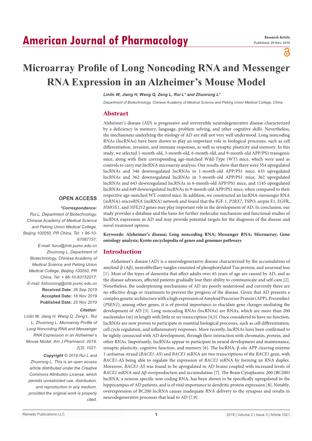 Microarray Profile of Long Noncoding RNA and Messenger RNA Expression in an Alzheimer's Mouse Model