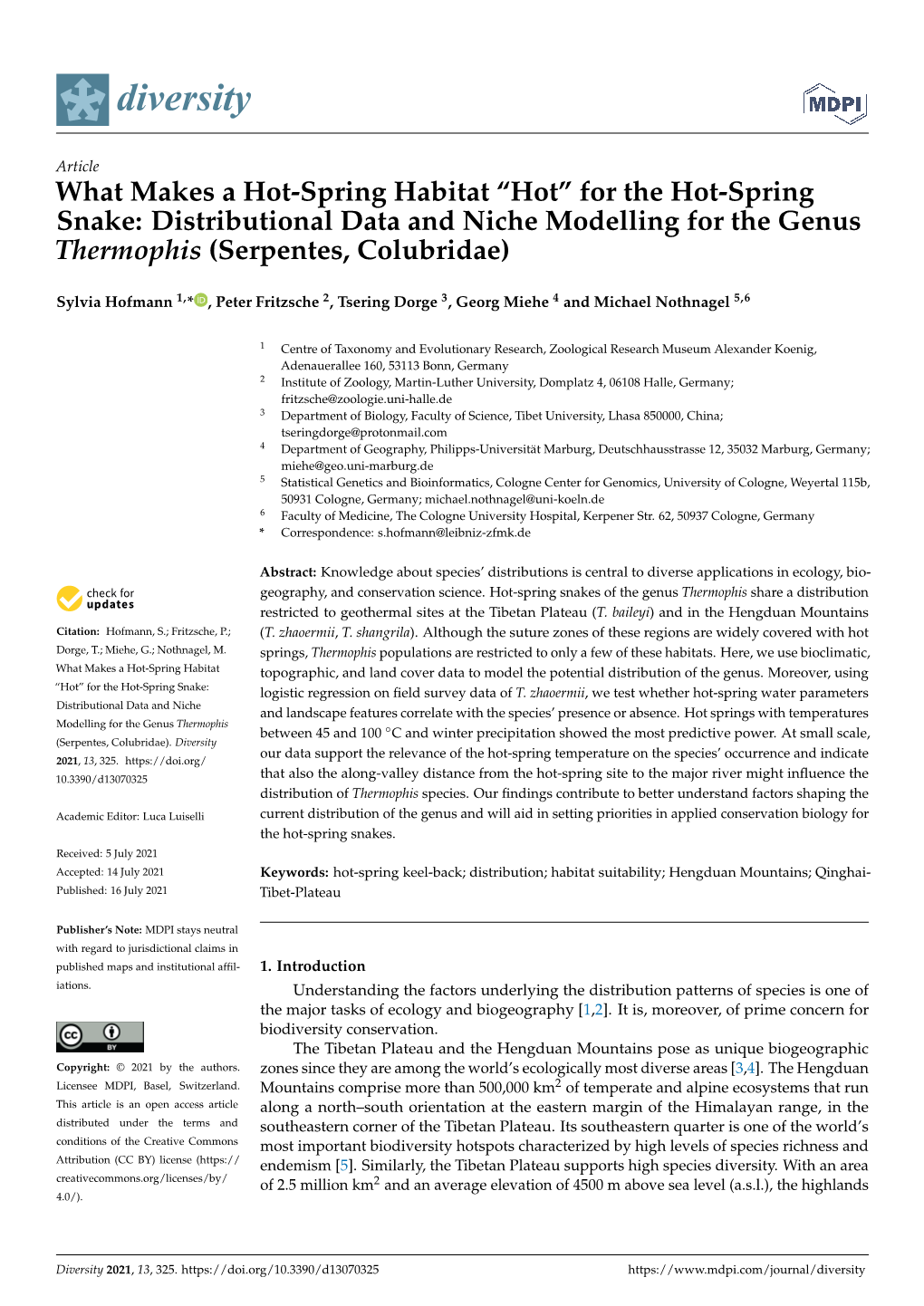 What Makes a Hot-Spring Habitat “Hot” for the Hot-Spring Snake: Distributional Data and Niche Modelling for the Genus Thermophis (Serpentes, Colubridae)