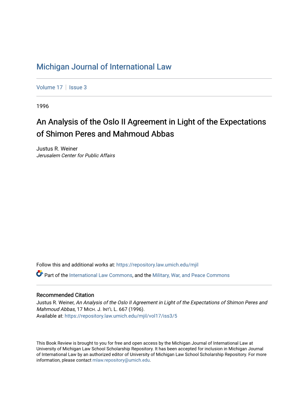 An Analysis of the Oslo II Agreement in Light of the Expectations of Shimon Peres and Mahmoud Abbas