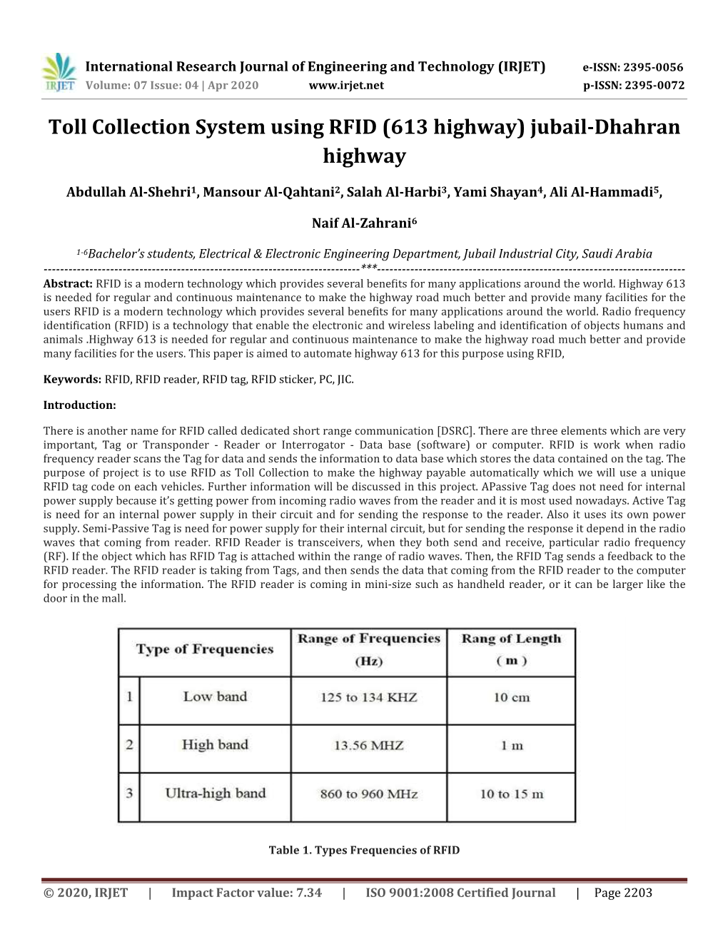 Toll Collection System Using RFID (613 Highway) Jubail-Dhahran Highway