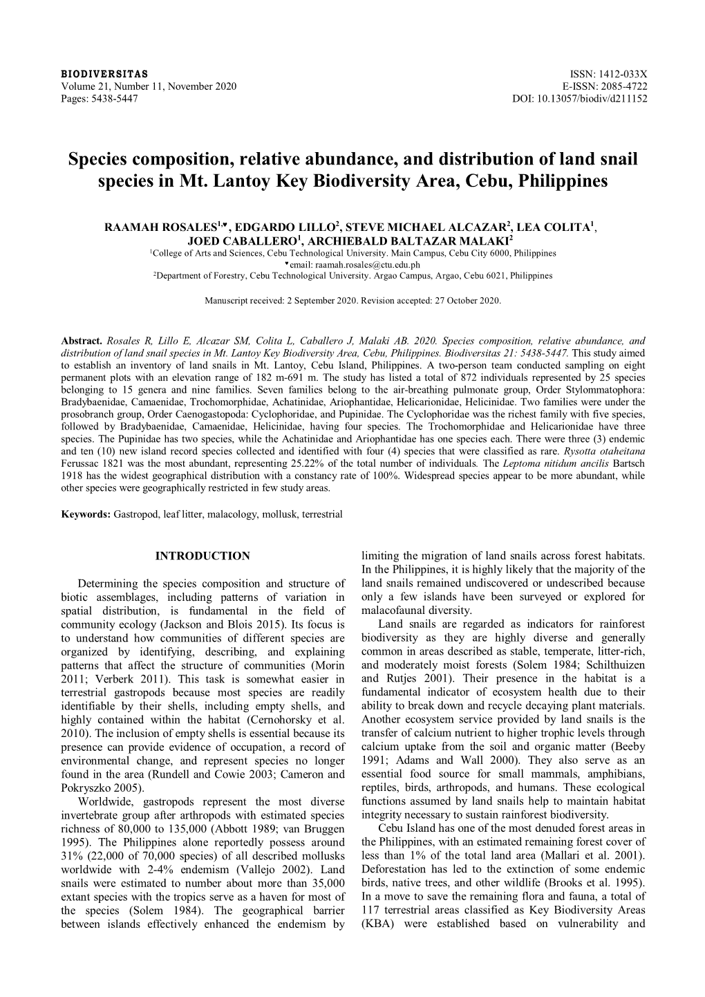 Species Composition, Relative Abundance, and Distribution of Land Snail Species in Mt. Lantoy Key Biodiversity Area, Cebu, Philippines