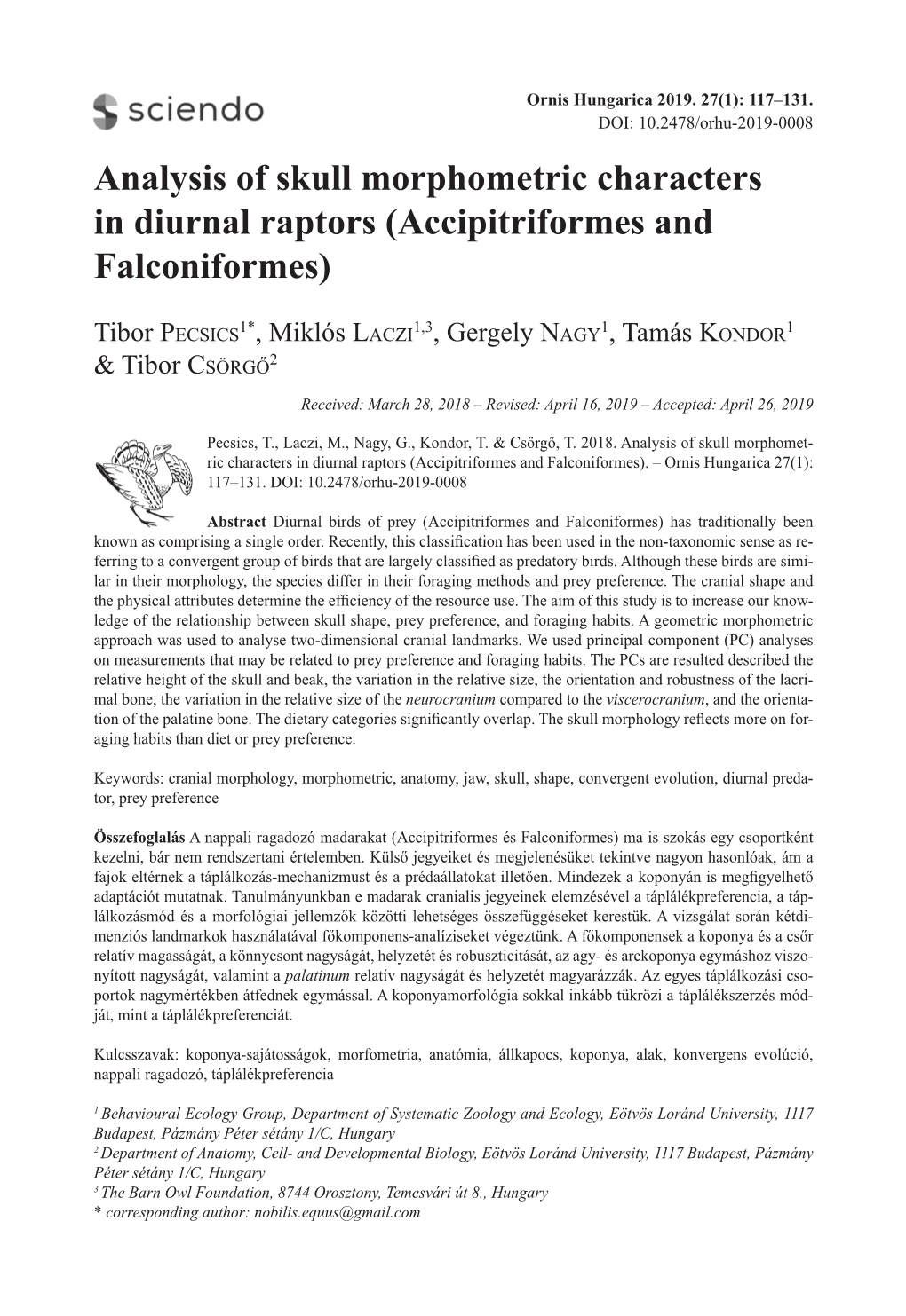 Analysis of Skull Morphometric Characters in Diurnal Raptors (Accipitriformes and Falconiformes)