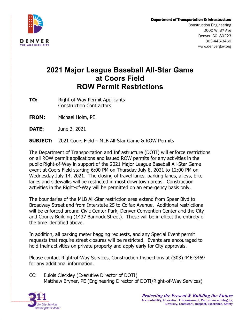 2021 Major League Baseball All-Star Game at Coors Field ROW Permit Restrictions