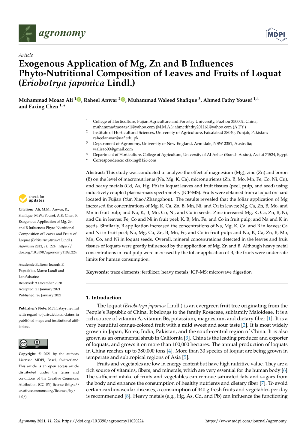 Exogenous Application of Mg, Zn and B Influences Phyto-Nutritional