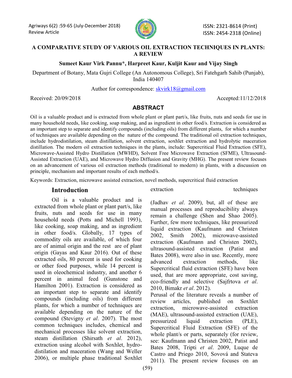 A Comparative Study of Various Oil Extration Techniques of Plants-A