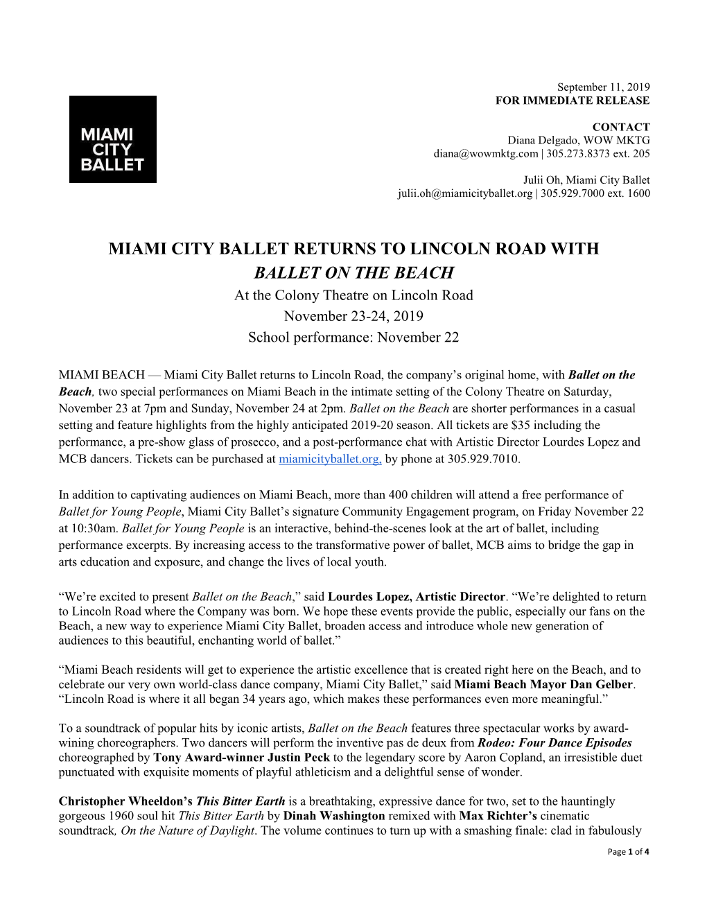 MIAMI CITY BALLET RETURNS to LINCOLN ROAD with BALLET on the BEACH at the Colony Theatre on Lincoln Road November 23-24, 2019 School Performance: November 22