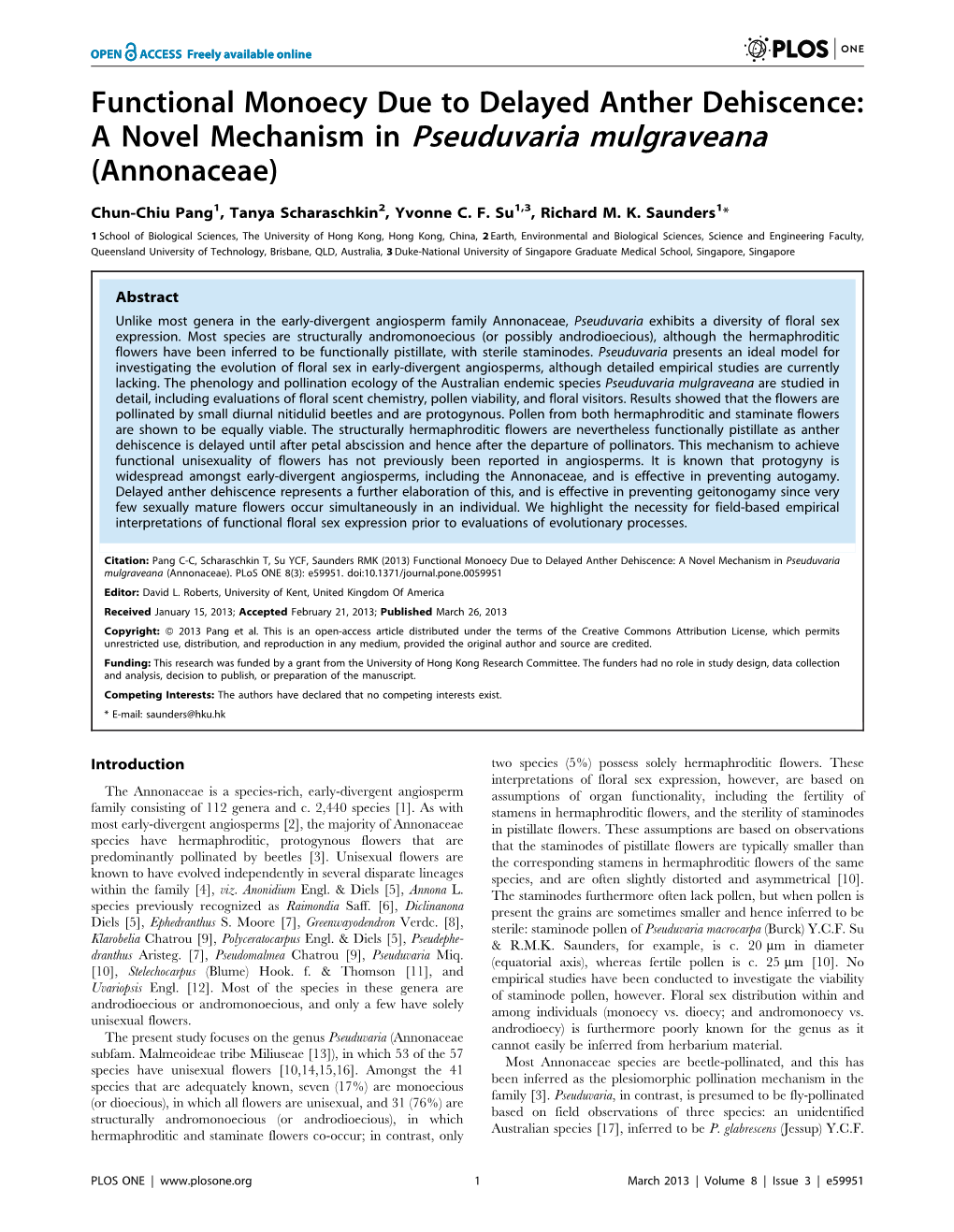 A Novel Mechanism in Pseuduvaria Mulgraveana (Annonaceae)