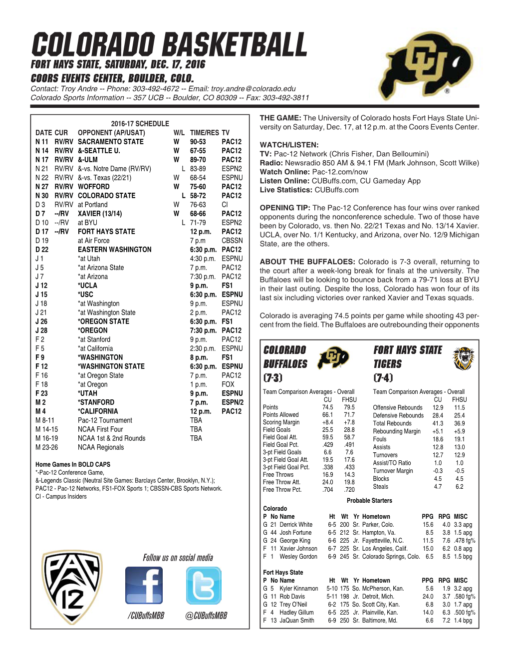CU GAME NOTES Fort Hays State.Indd