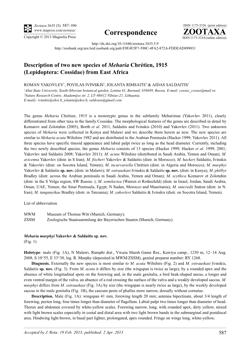 Description of Two New Species of Meharia Chrétien, 1915 (Lepidoptera: Cossidae) from East Africa