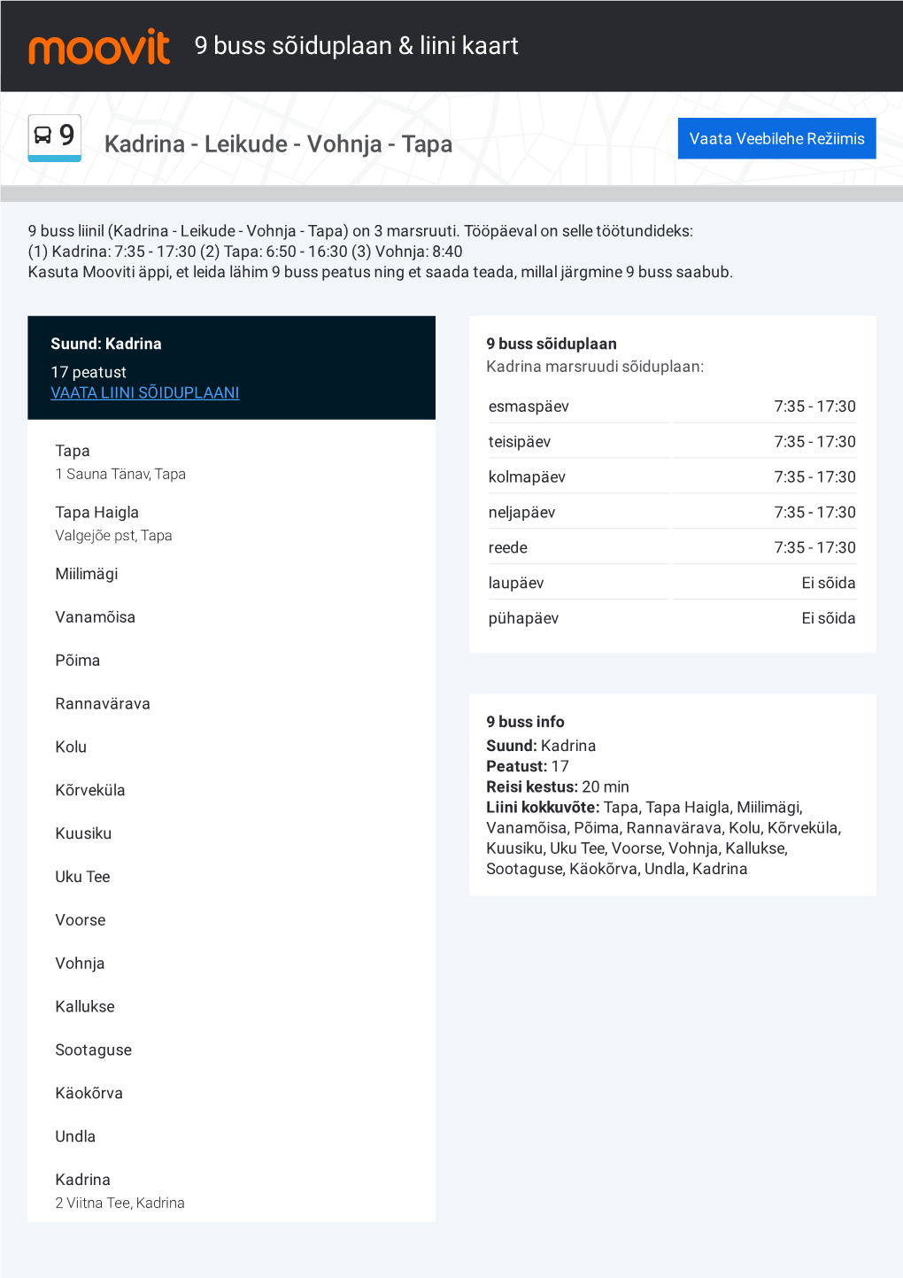 9 Buss Sõiduplaan & Liini Marsruudi Kaart