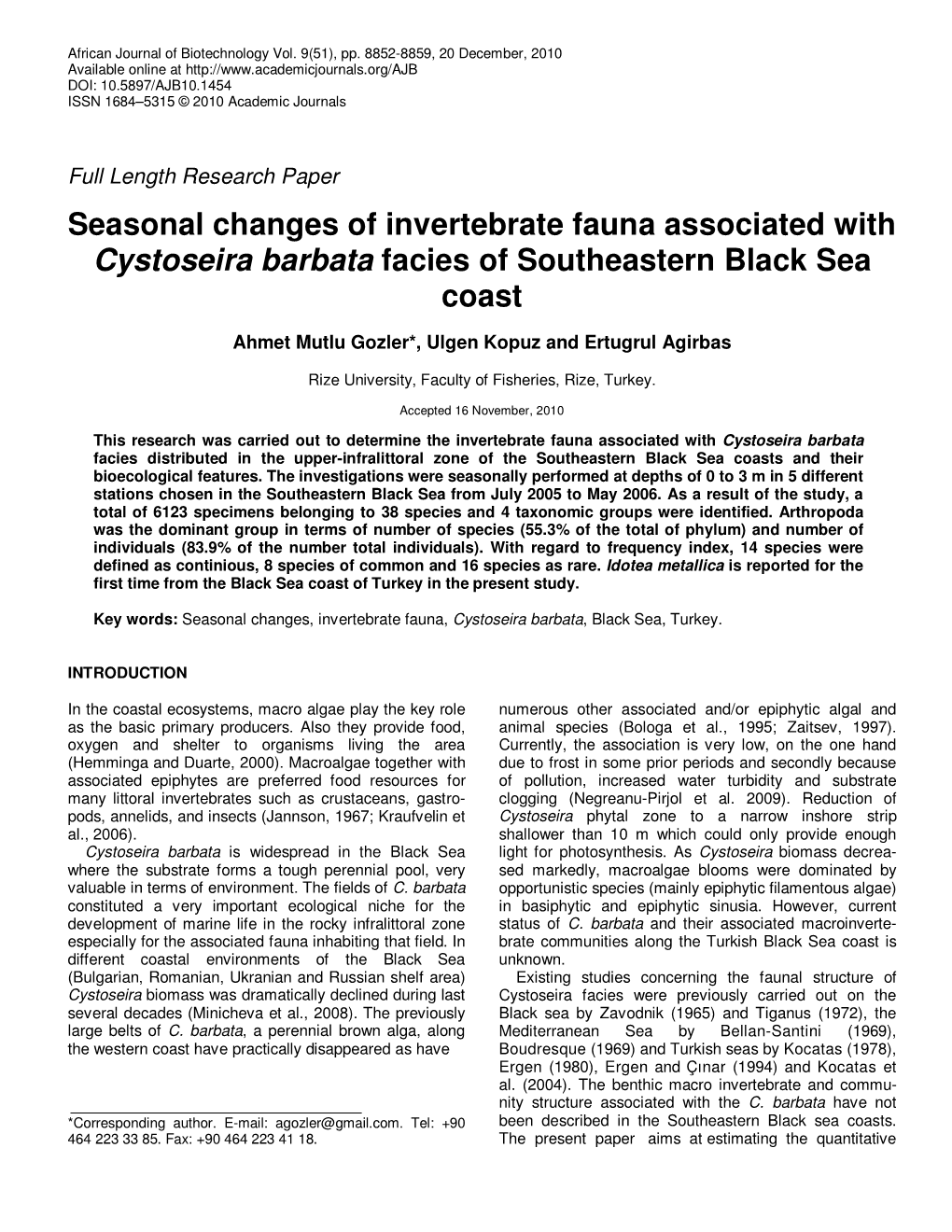 Seasonal Changes of Invertebrate Fauna Associated with Cystoseira Barbata Facies of Southeastern Black Sea Coast