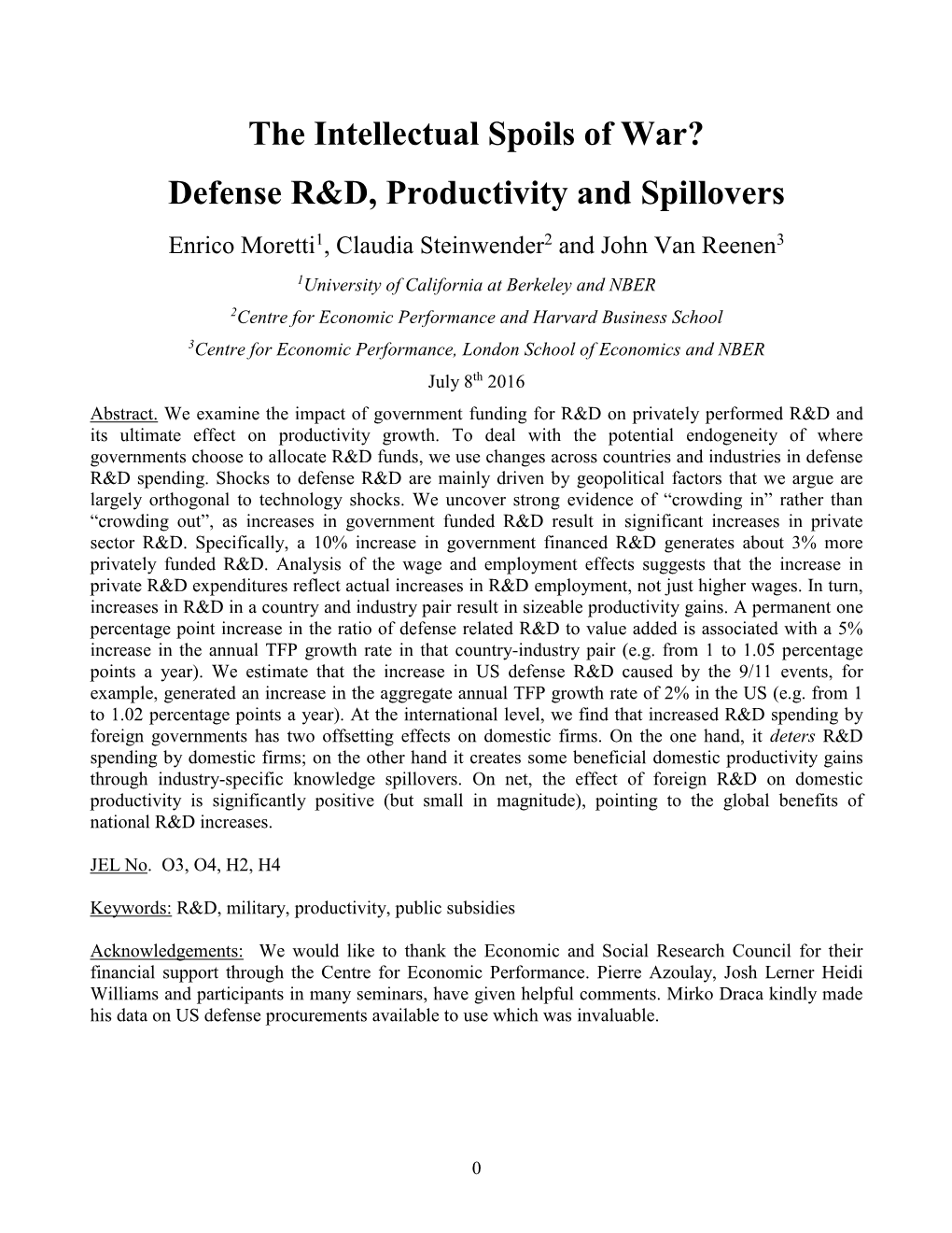 Defense R&D, Productivity and Spillovers