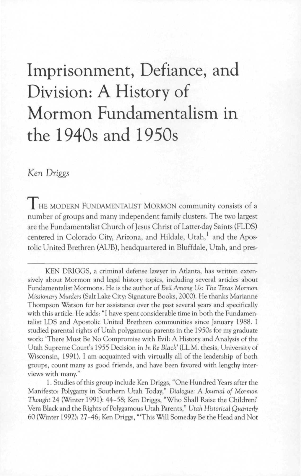 A History of Mormon Fundamentalism in the 1940S and 1950S