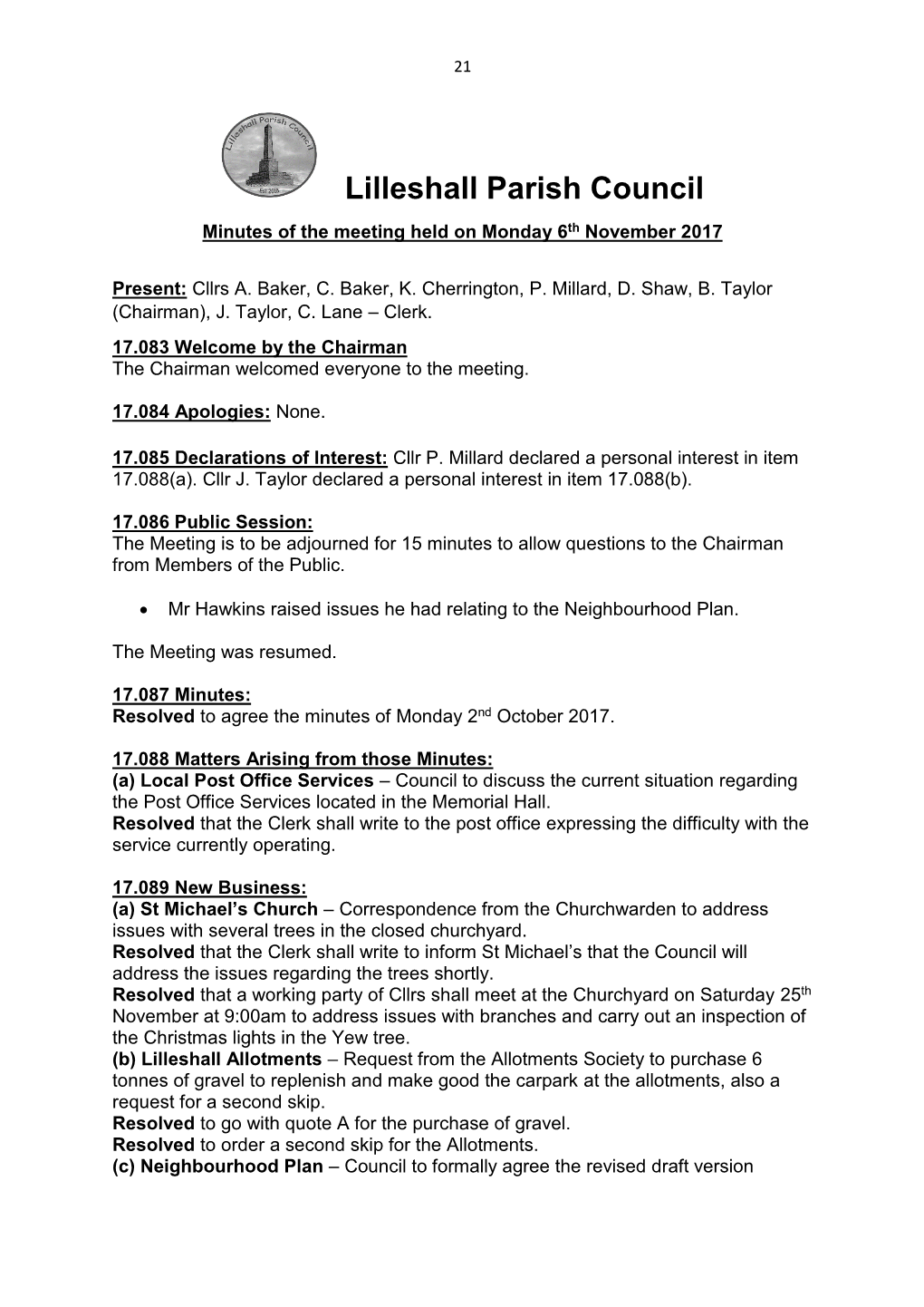 Lilleshall Parish Council Minutes of the Meeting Held on Monday 6Th November 2017