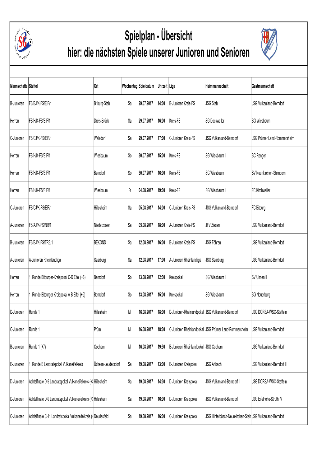 Spielplan - Übersicht Hier: Die Nächsten Spiele Unserer Junioren Und Senioren