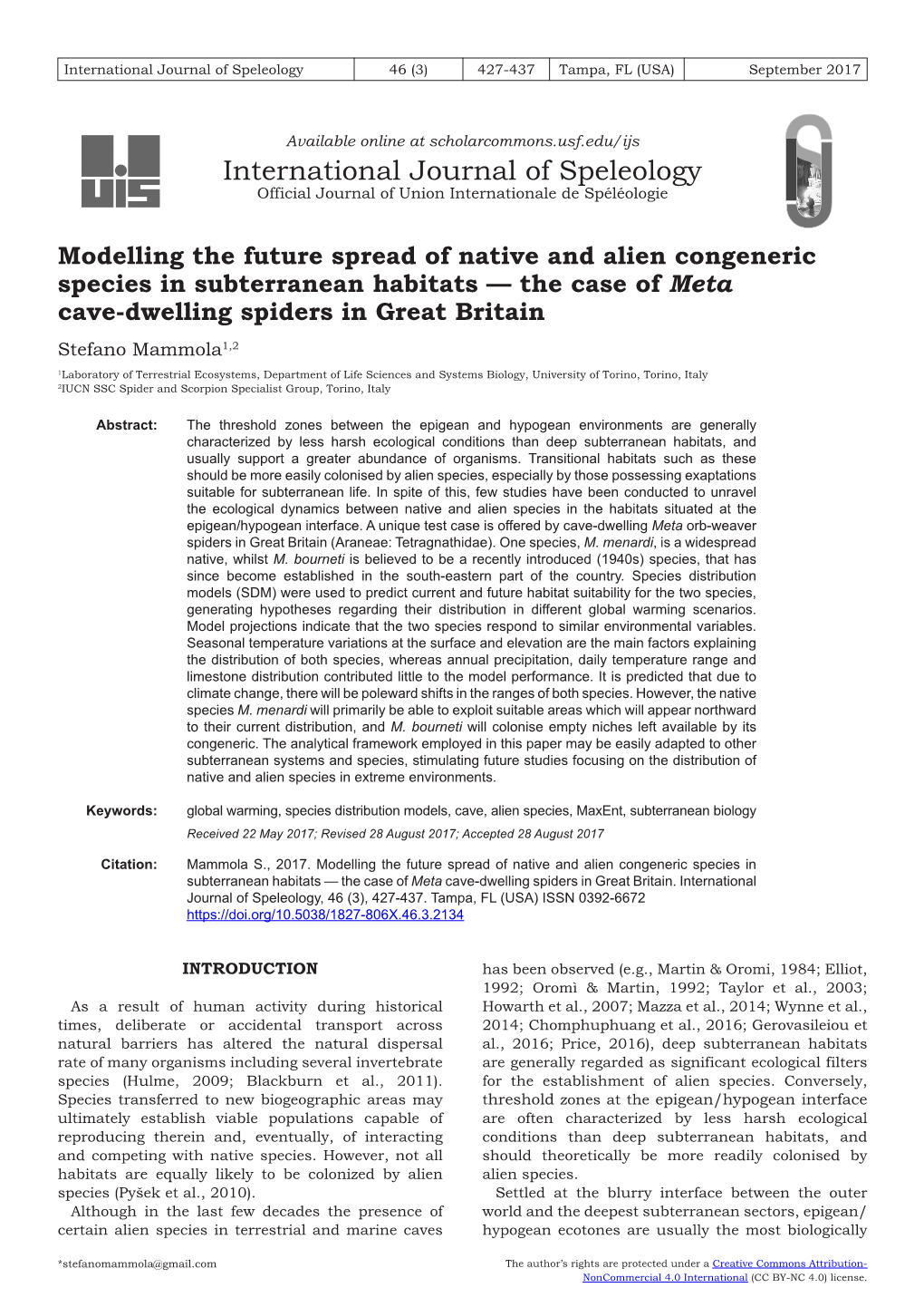 Modelling the Future Spread of Native and Alien Congeneric Species in Subterranean Habitats Â•Fl the Case Of