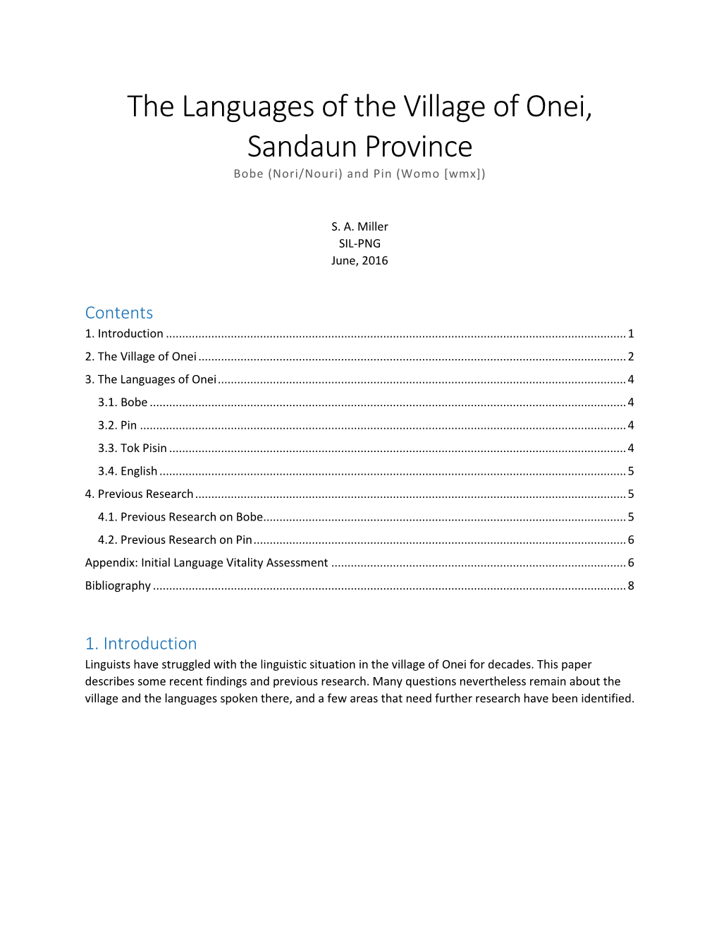 The Languages of the Village of Onei, Sandaun Province Bobe (Nori/Nouri) and Pin (Womo [Wmx])