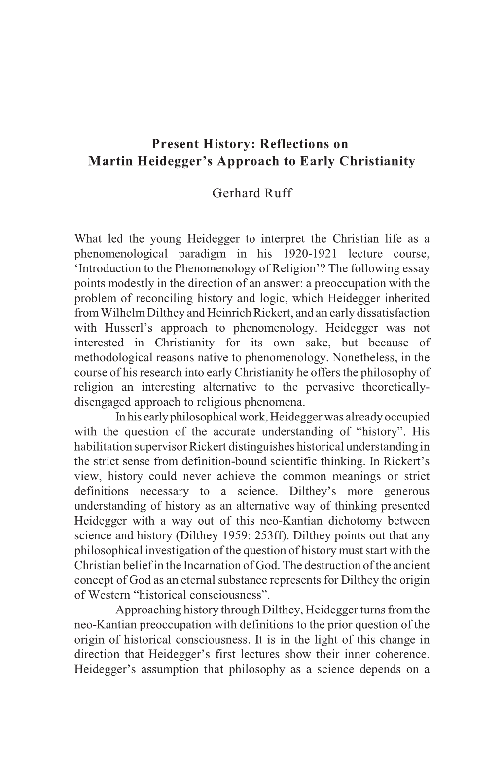 Reflections on Martin Heidegger's Approach to Early Christianity